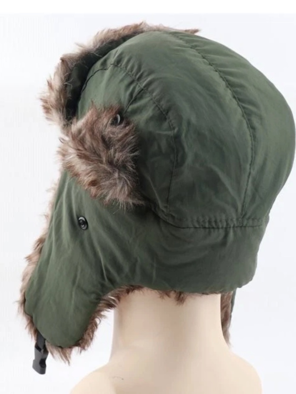 Papillon Blanc Army Green Trapper Hat with Brown Faux Fur